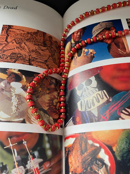 Red & Gold beaded necklace A84