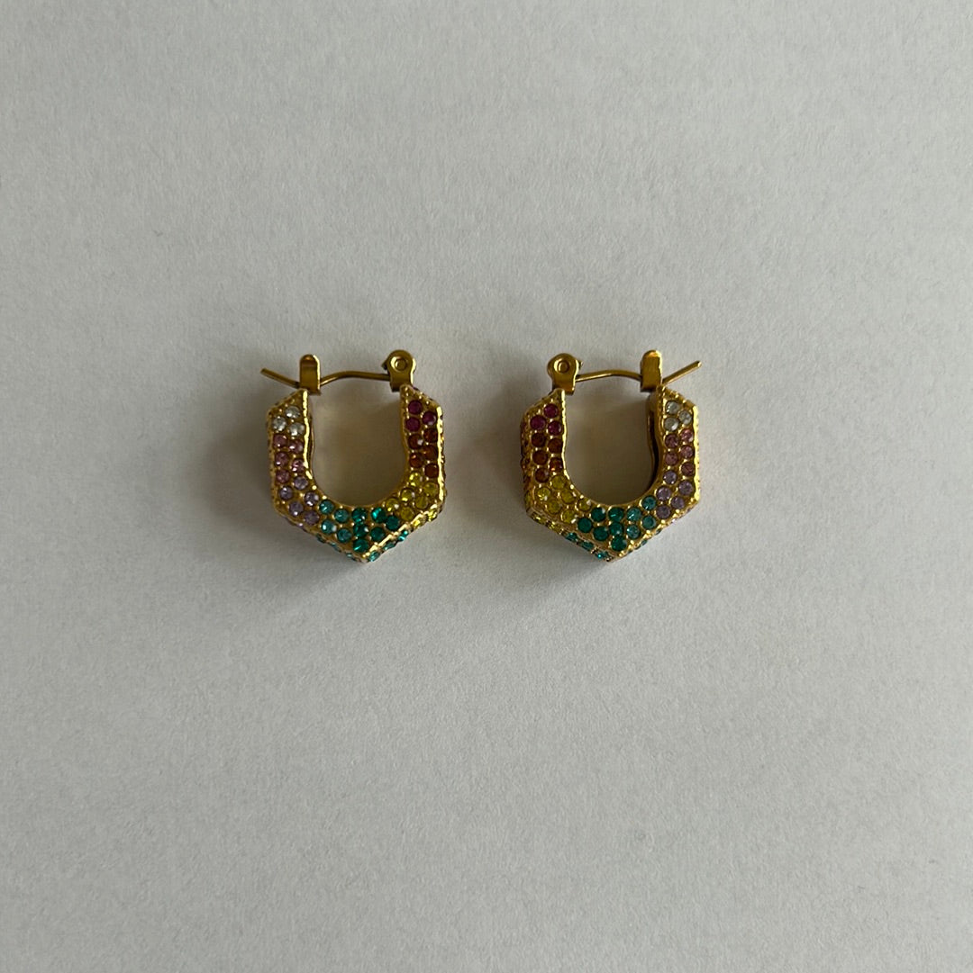 Rainbow multicoloured diamanté angular hoop earrings 46