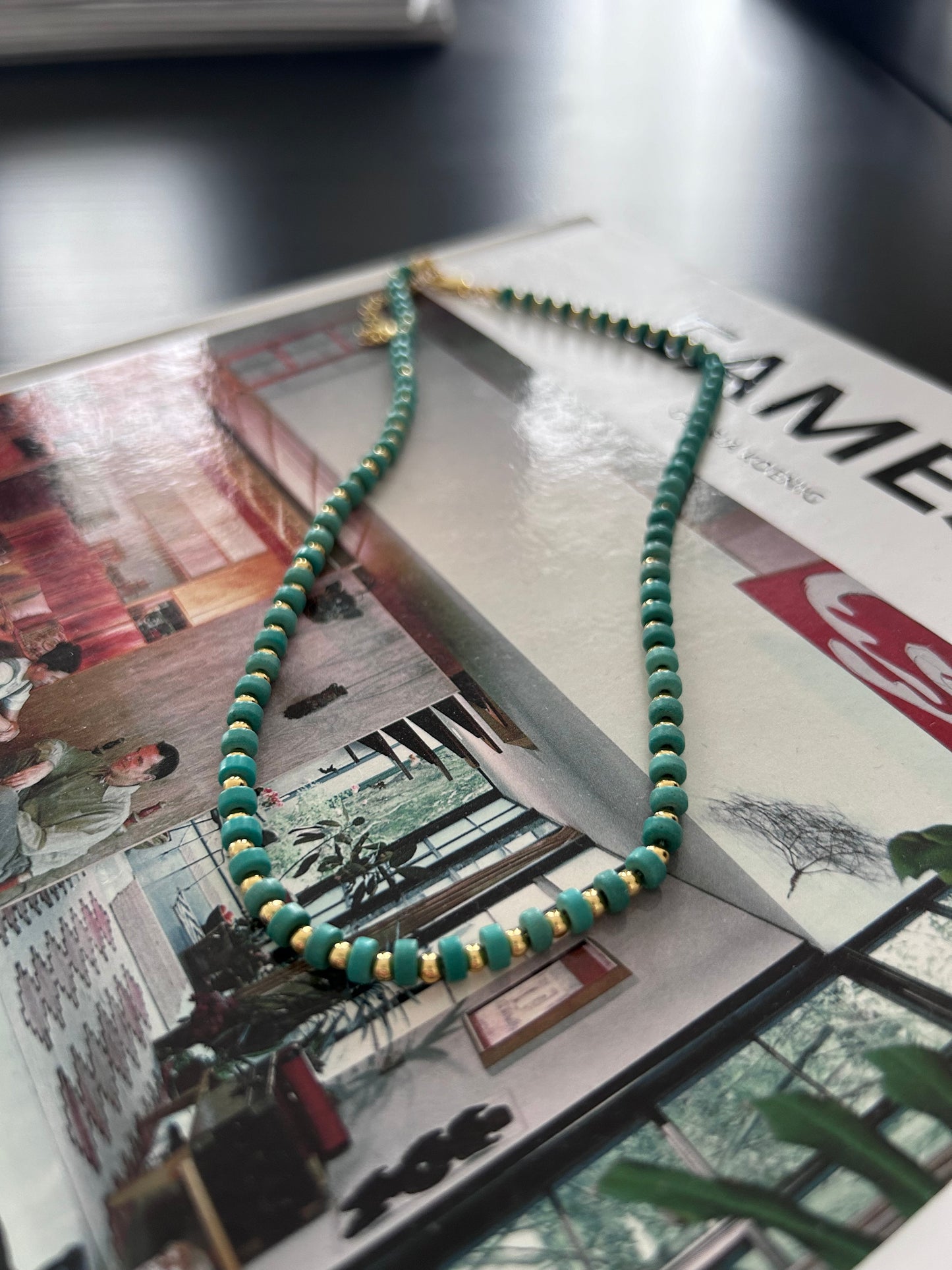 Turquoise and gold beaded necklace 59