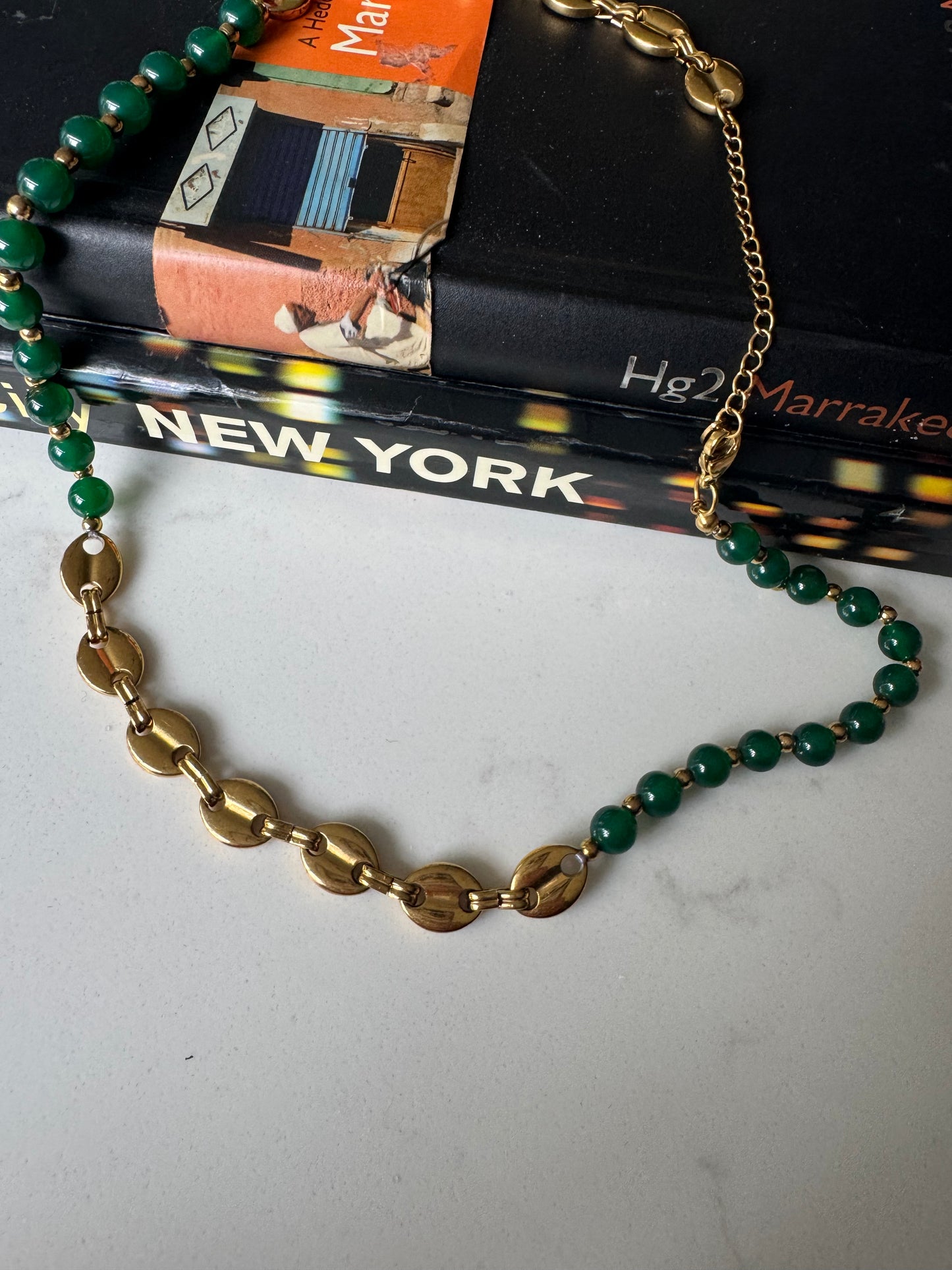 Gold & green beaded necklace A65