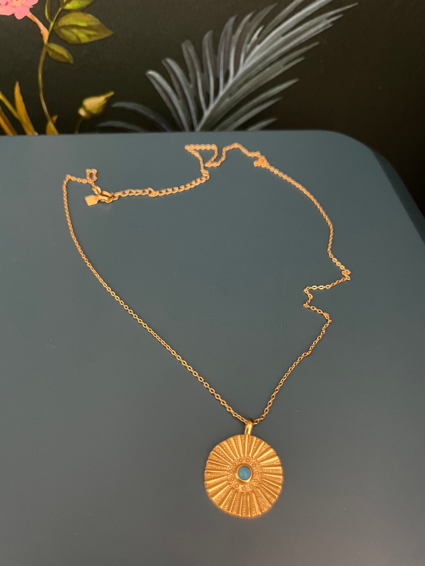 Gold turquoise sun disc necklace 31