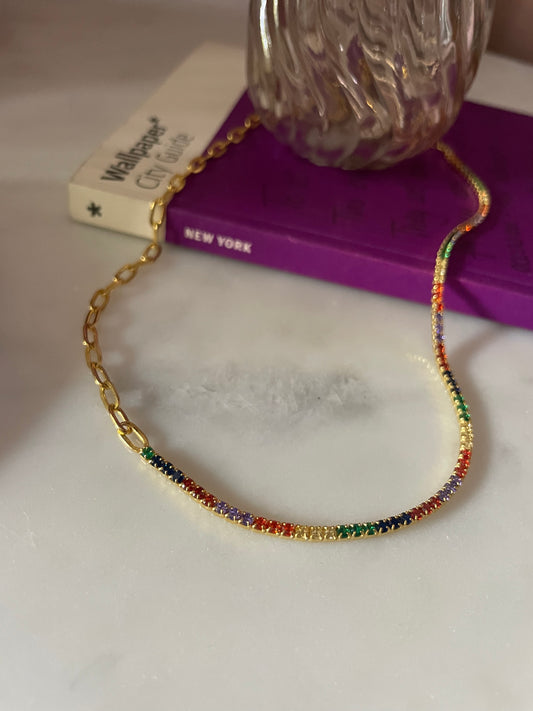 Multicoloured Diamanté tennis & gold chain necklace 41