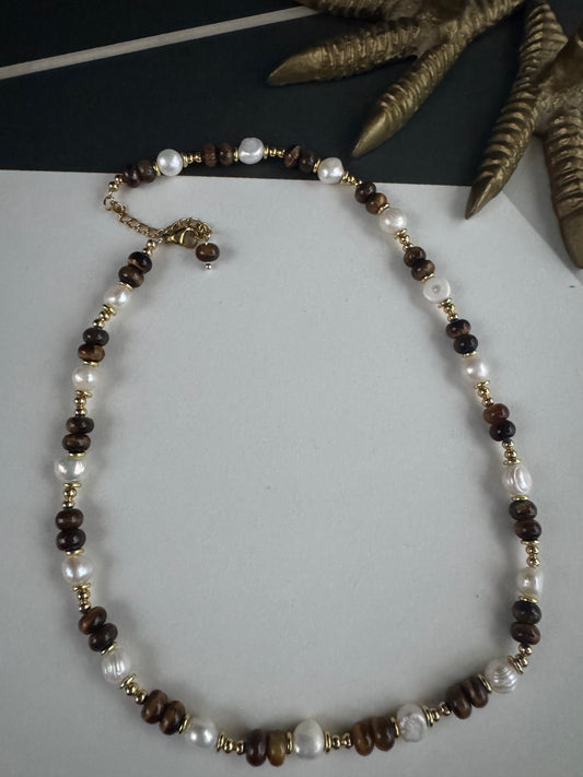 Tigers eye & pearl necklace B21