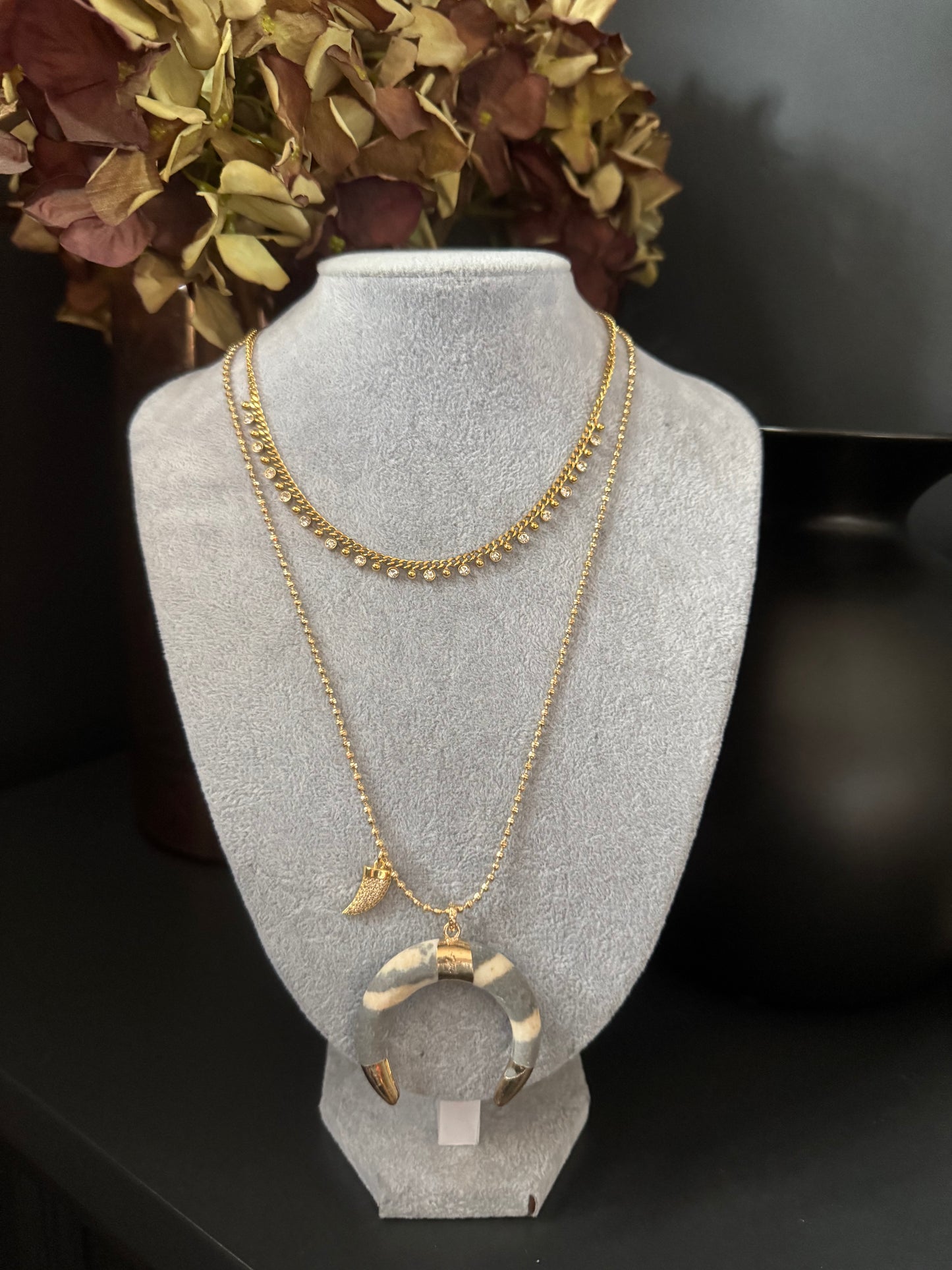 Grey crescent moon necklace B34